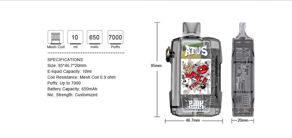 DE012 7000 Puffs บุหรี่ไฟฟ้าแบบใช้แล้วทิ้งพร้อมหน้าจอแสดงผล LED และการไหลเวียนอากาศที่ปรับได้ ชาร์จไฟได้ ATVS Vape