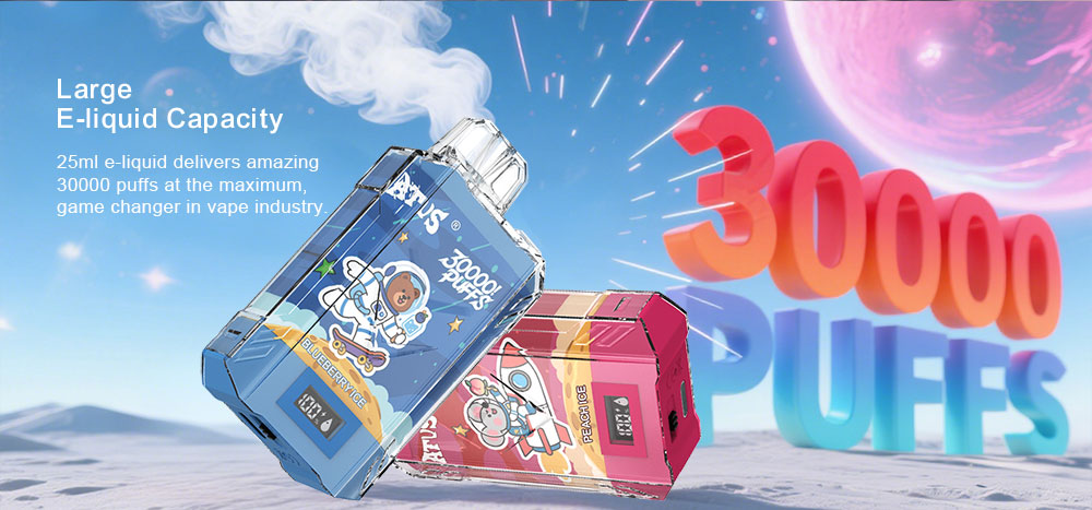 DE017 30000 Puffs บุหรี่ไฟฟ้าแบบใช้แล้วทิ้งพร้อมหน้าจอแสดงผล LED และการไหลเวียนอากาศที่ปรับได้ ชาร์จไฟได้ ATVS Vape