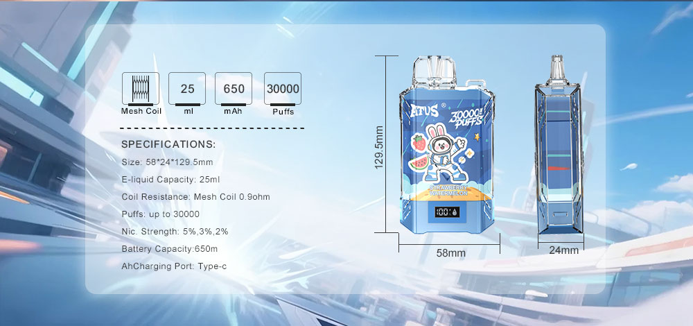 DE017 30000 Puffs บุหรี่ไฟฟ้าแบบใช้แล้วทิ้งพร้อมหน้าจอแสดงผล LED และการไหลเวียนอากาศที่ปรับได้ ชาร์จไฟได้ ATVS Vape