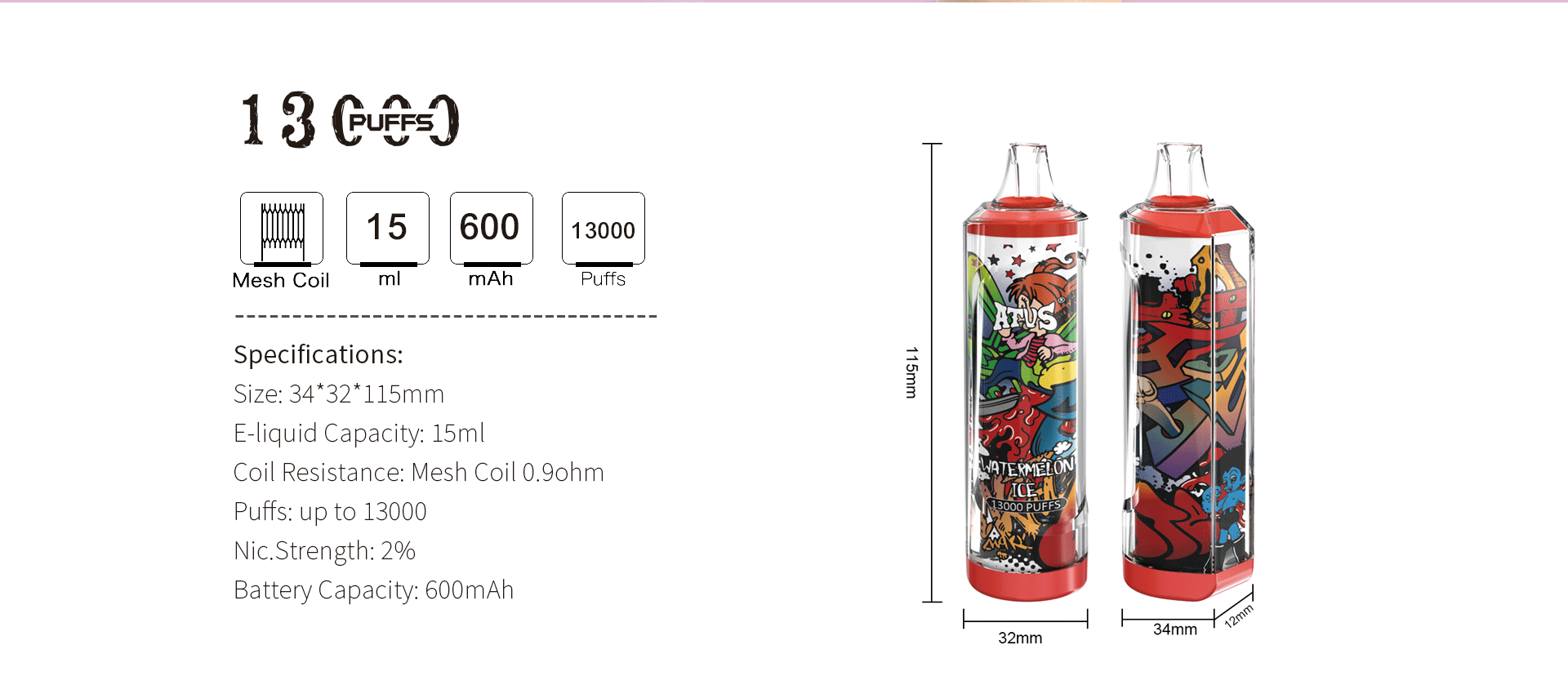DE018 13000 Puffs บุหรี่ไฟฟ้าแบบใช้แล้วทิ้งพร้อมระบบชาร์จไฟ ATVS Vape
