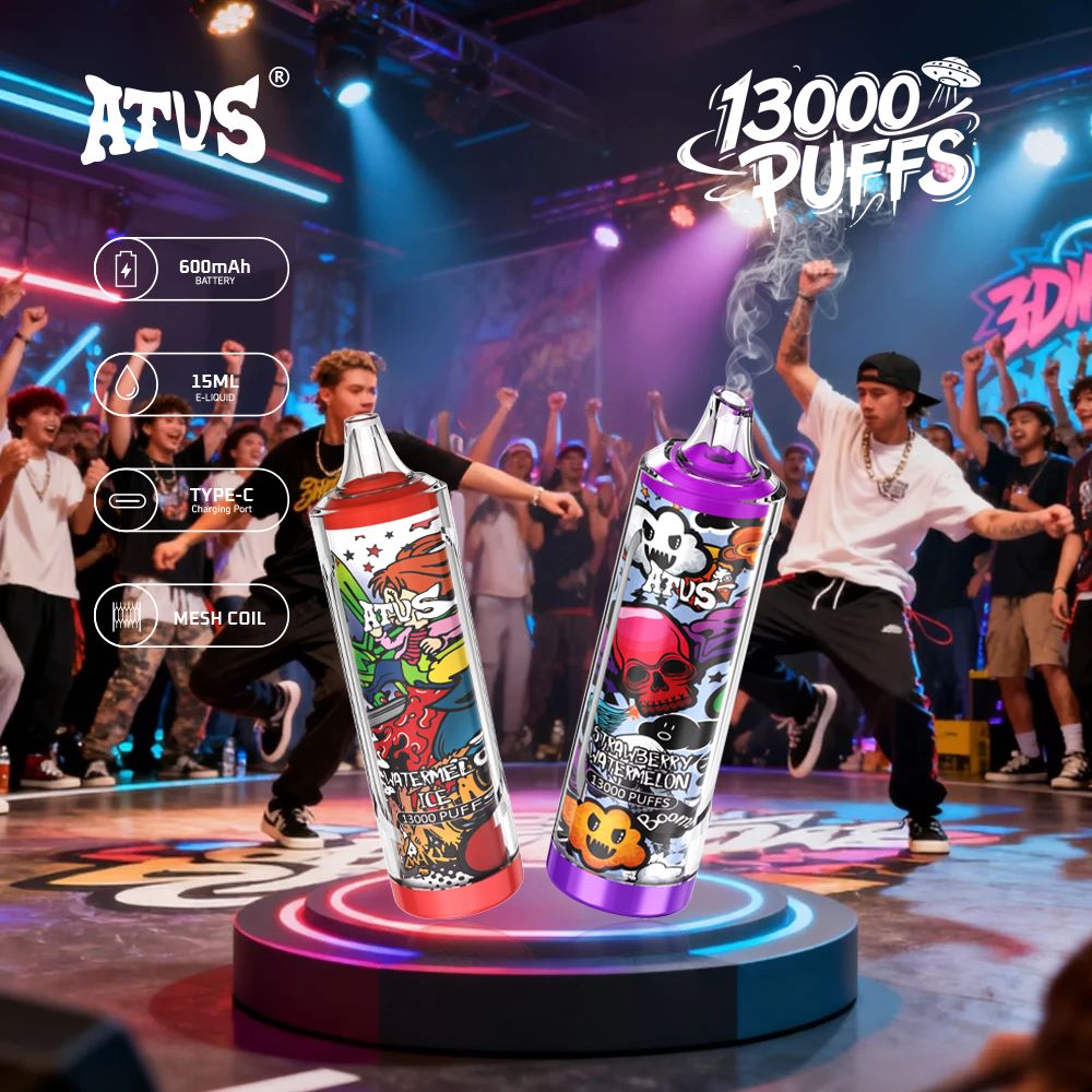 บุหรี่ไฟฟ้าแบบใช้แล้วทิ้ง 13000 Puffs พร้อมรีชาร์จได้ จัดส่งทั่วโลก ATVS ATUS 13K อุปกรณ์แบบใช้แล้วทิ้ง 15 มล  ATVS Vape