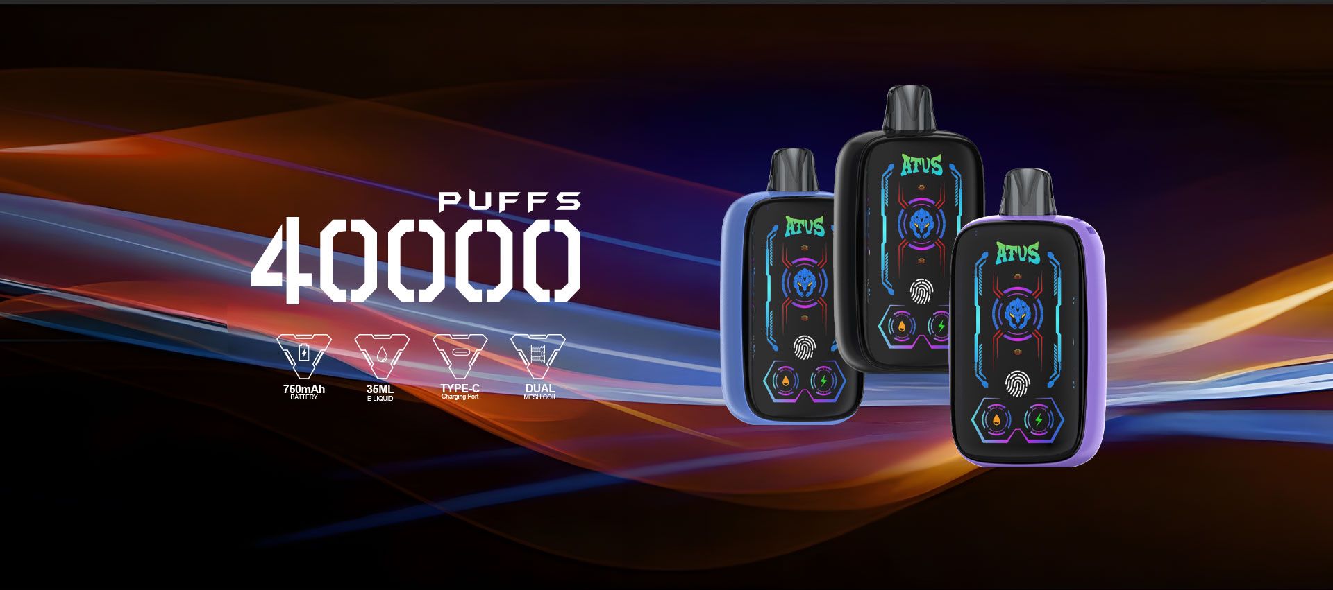 DE023 40000 Puffs บุหรี่ไฟฟ้าแบบใช้แล้วทิ้งพร้อมหน้าจอเต็ม ชาร์จไฟได้ และปรับการไหลเวียนอากาศได้ ATVS Vape