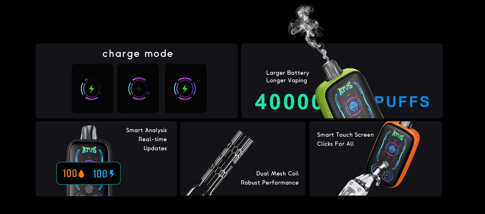 DE023 40000 Puffs บุหรี่ไฟฟ้าแบบใช้แล้วทิ้งพร้อมหน้าจอเต็ม ชาร์จไฟได้ และปรับการไหลเวียนอากาศได้ ATVS Vape