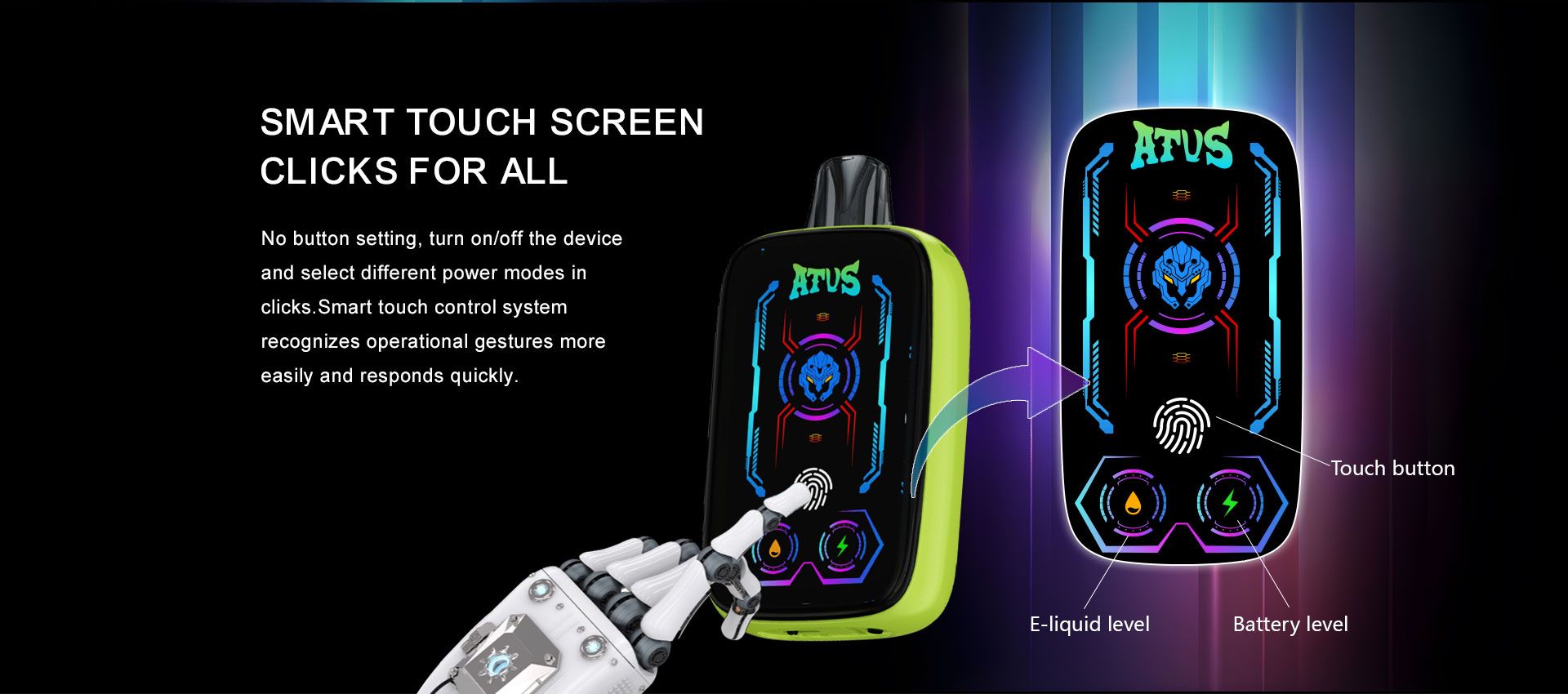 DE023 40000 Puffs บุหรี่ไฟฟ้าแบบใช้แล้วทิ้งพร้อมหน้าจอเต็ม ชาร์จไฟได้ และปรับการไหลเวียนอากาศได้ ATVS Vape