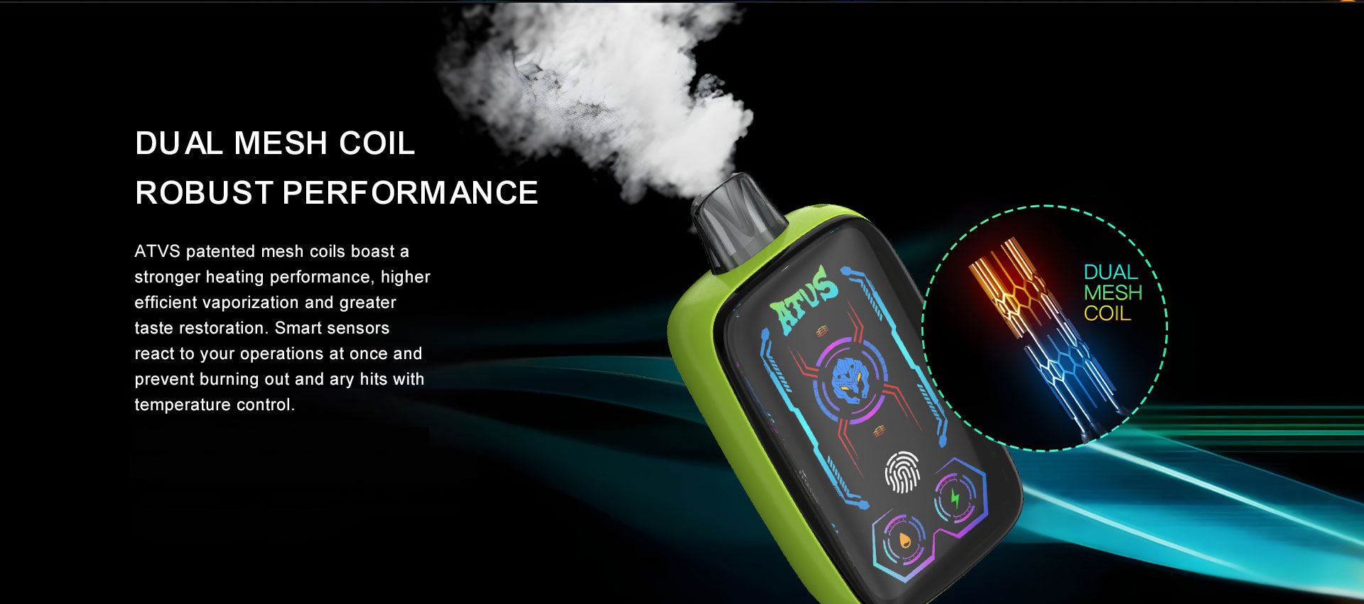 DE023 40000 Puffs บุหรี่ไฟฟ้าแบบใช้แล้วทิ้งพร้อมหน้าจอเต็ม ชาร์จไฟได้ และปรับการไหลเวียนอากาศได้ ATVS Vape