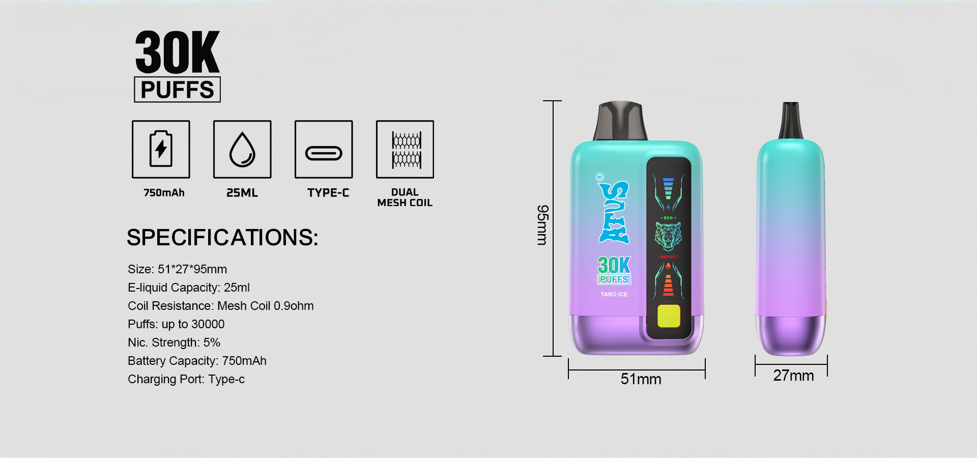 DE026 บุหรี่ไฟฟ้าแบบใช้แล้วทิ้ง 30000 พัฟ พร้อมหน้าจอแสดงผล LED และการไหลเวียนอากาศที่ปรับได้ ATVS Vape
